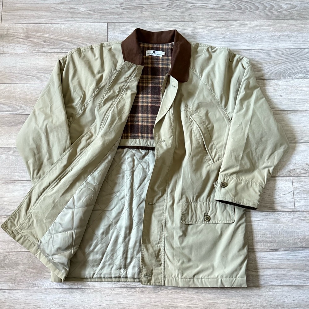 Vintage 90’s Pierre Balmain Paris Lined Leather Collar Field Jacket Beige Large